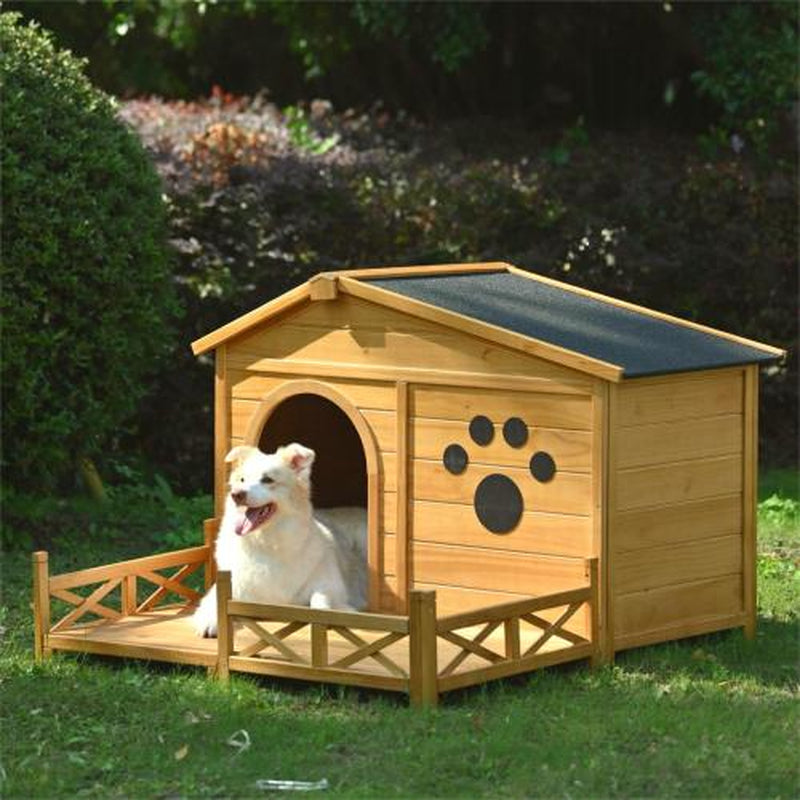 48 Wooden Dog House Outdoor with Porch, Dog Kennel with Water-Resistant Asphalt Roof and Fencing,Indoor & Outdoor Dog Crate with Paw Print, Medium, Nature