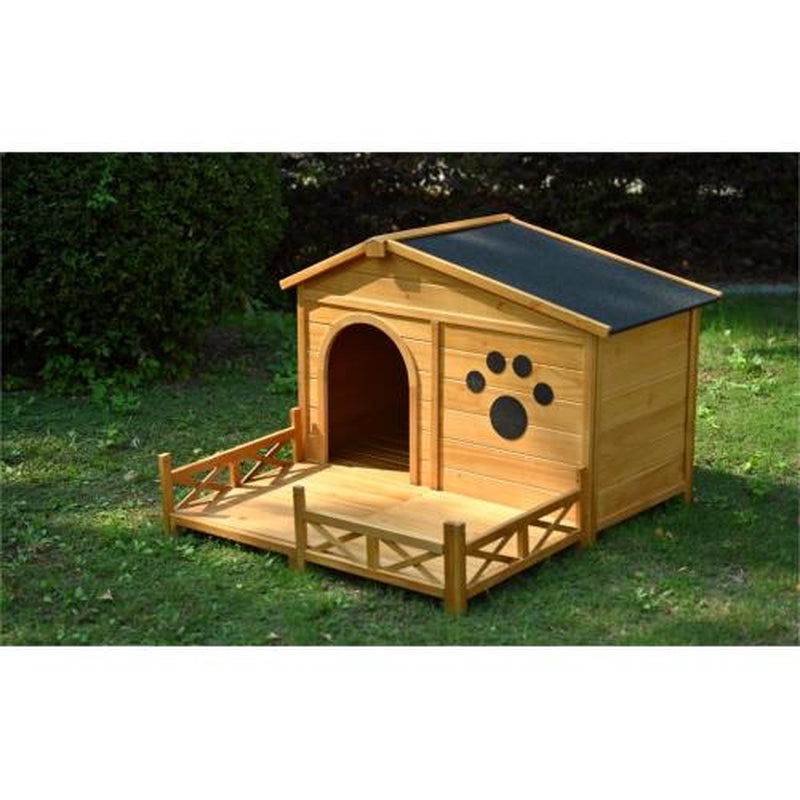 48 Wooden Dog House Outdoor with Porch, Dog Kennel with Water-Resistant Asphalt Roof and Fencing,Indoor & Outdoor Dog Crate with Paw Print, Medium, Nature