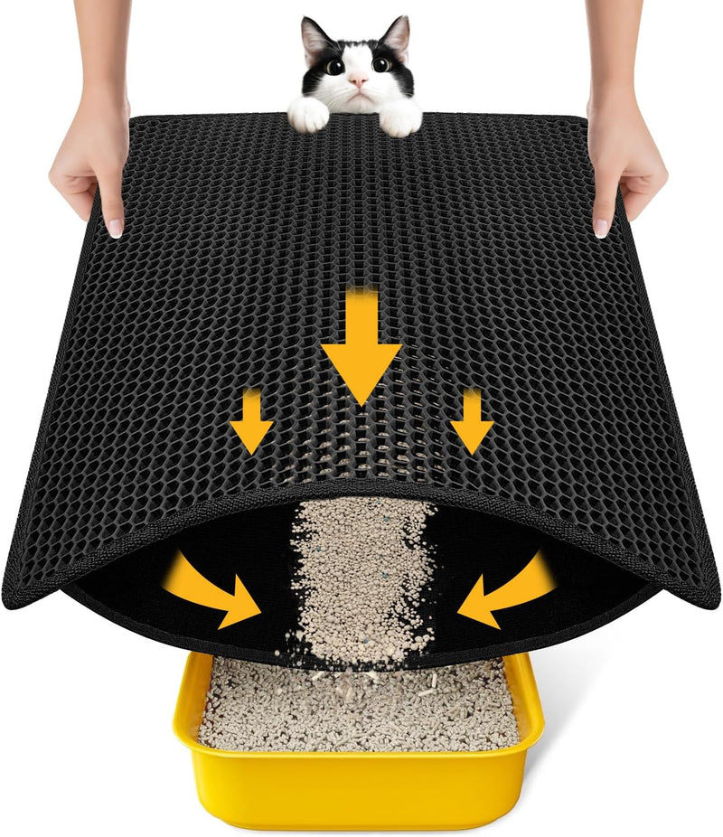 Cat Litter Mat Litter Box Mat, EVA Honeycomb Double Layer Design, Urine & Waterproof, Scatter Control Kitty Litter Mat, Less Waste, Easier to Clean,Washable, Black
