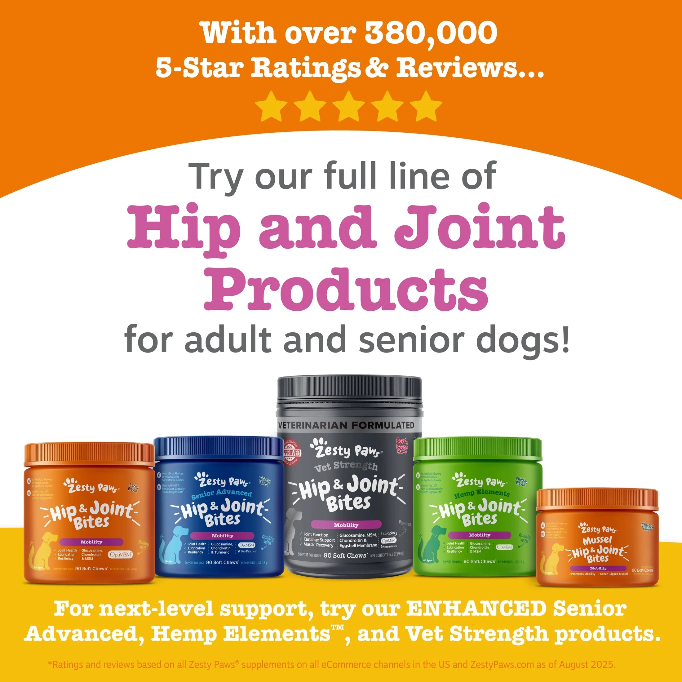 Vet Strength Hip & Joint Mobility Bites for Dogs, Supreme Hip & Joint Support, Beef & Bacon Flavor, 90 Count Soft Chews