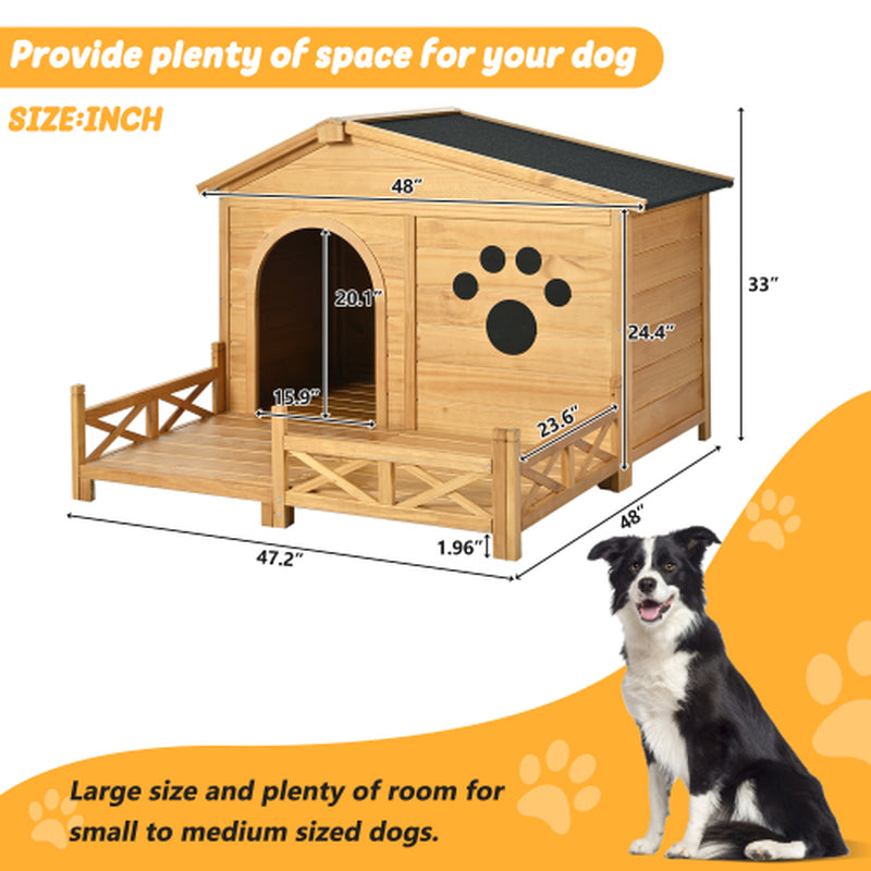 48 Wooden Dog House Outdoor with Porch, Dog Kennel with Water-Resistant Asphalt Roof and Fencing,Indoor & Outdoor Dog Crate with Paw Print, Medium, Nature