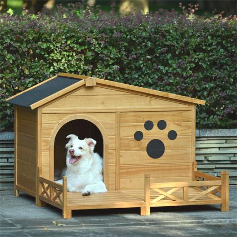 48 Wooden Dog House Outdoor with Porch, Dog Kennel with Water-Resistant Asphalt Roof and Fencing,Indoor & Outdoor Dog Crate with Paw Print, Medium, Nature