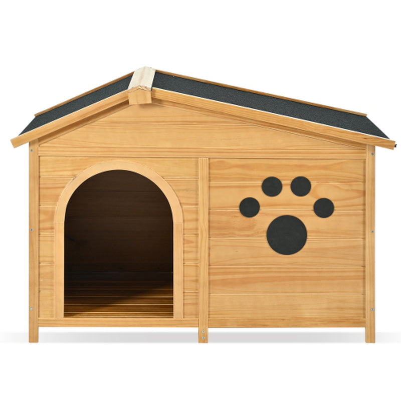 48 Wooden Dog House Outdoor with Porch, Dog Kennel with Water-Resistant Asphalt Roof and Fencing,Indoor & Outdoor Dog Crate with Paw Print, Medium, Nature